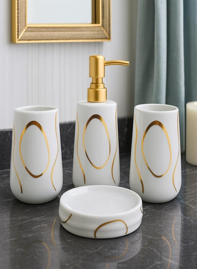 Whizzo Premium White & Gold Ceramic Bathroom Accessories Set | 4-Piece Luxury Bathroom Set with Soap Dispenser, Toothbrush Holder, Tumbler & Soap Dish for Modern Homes & Hotels (BS-802, White) - Image 2